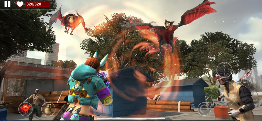 Una mujer con una chaqueta verde azulado dispara a monstruos murciélago voladores y zombis terrestres en un entorno urbano 3D