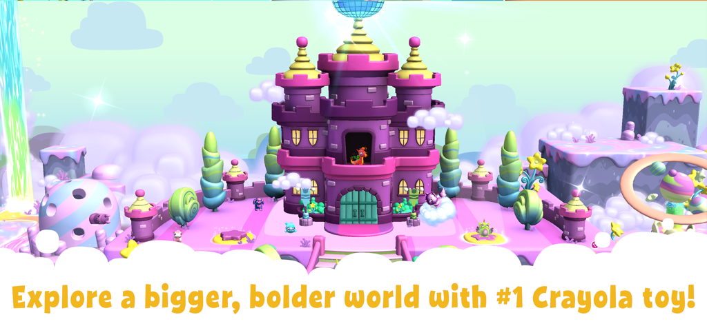 A vibrant 3D fantasy world featuring a large purple castle in the Crayola Scribble Scrubbie Pets app
