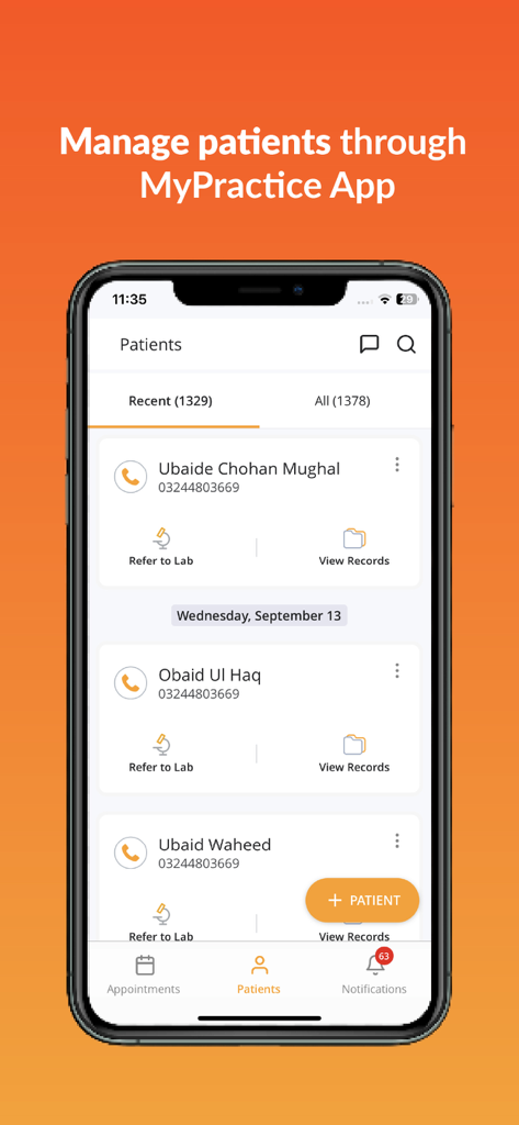 MyPractice by oladoc - Tela de gerenciamento de pacientes no aplicativo MyPractice by oladoc mostrando registros de pacientes e opções de encaminhamento laboratorial em um iPhone.