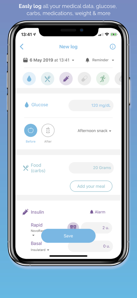 SocialDiabetes - Diabetes app - Uma tela de aplicativo móvel para registrar níveis de glicose no sangue, carboidratos e doses de insulina na plataforma SocialDiabetes.