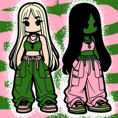 girl in baggy pants crop top and long hair