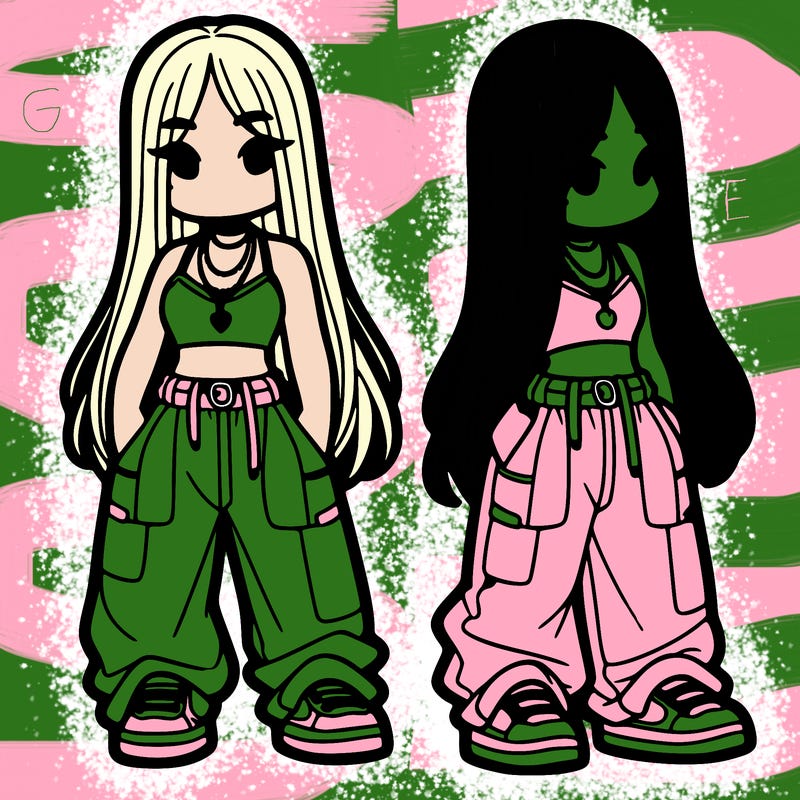 girl in baggy pants crop top and long hair