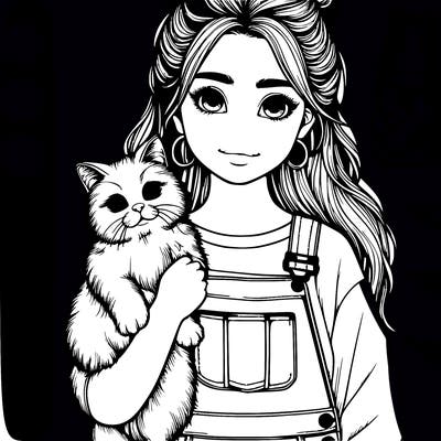 realistic girl, holding cat wearing overalls