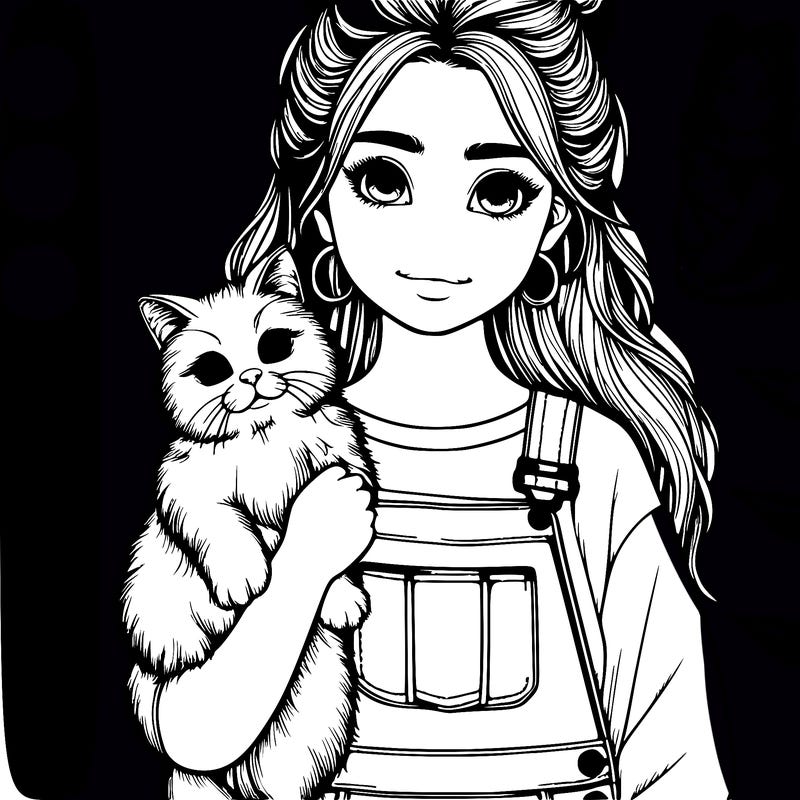 realistic girl, holding cat wearing overalls