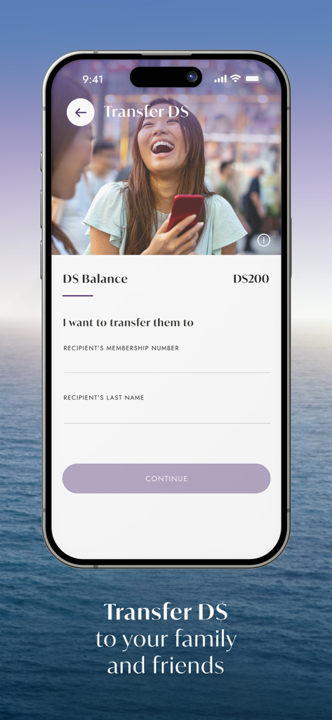GHA DISCOVERY App-Bildschirm, der zeigt, wie man Discovery Dollars an Familie und Freunde überträgt