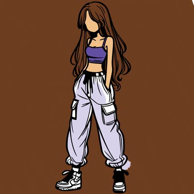girl in baggy pants crop top and long hair