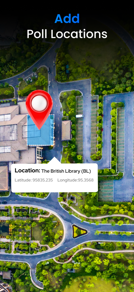 GPS Field Measure : Area Calc - Aerial map view showing a location pin with latitude and longitude coordinates for a point of interest