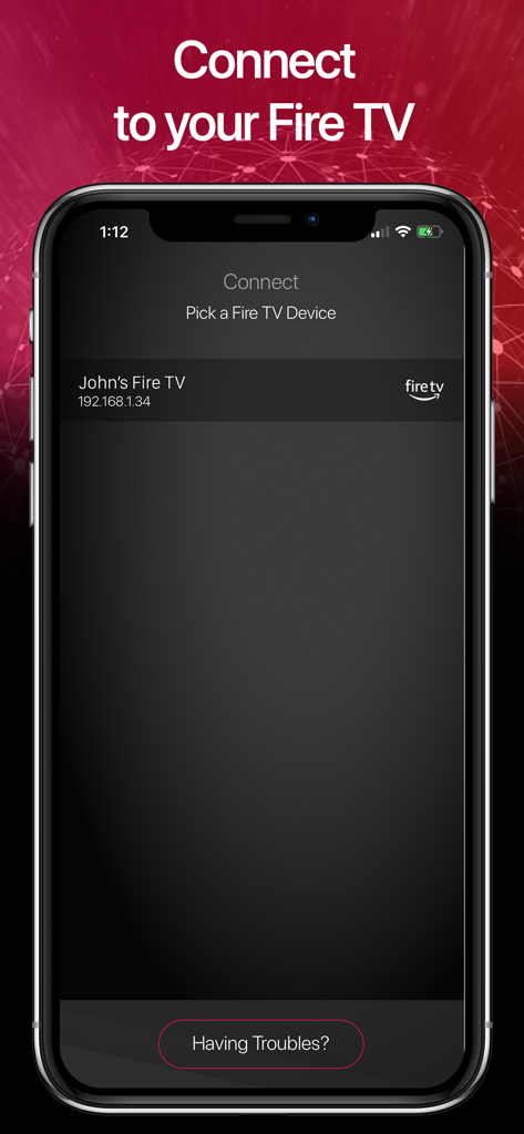 Smart Remote - Fire TV Stick - John's Fire TVと表示されたFire TVデバイスに接続中のiPhoneを示すSmart Remoteアプリインターフェース。