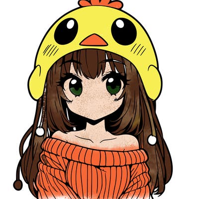 anime girl with chick shaped hat with sweater with bare shoulders with bangs covering them one eye with low tail