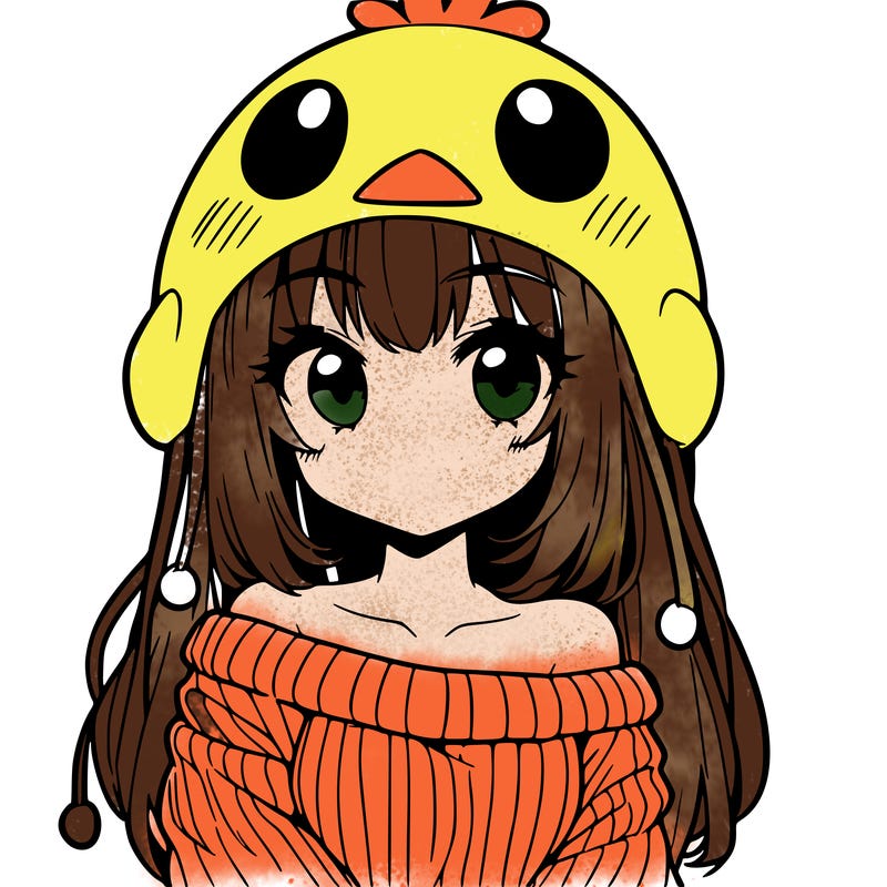 anime girl with chick shaped hat with sweater with bare shoulders with bangs covering them one eye with low tail