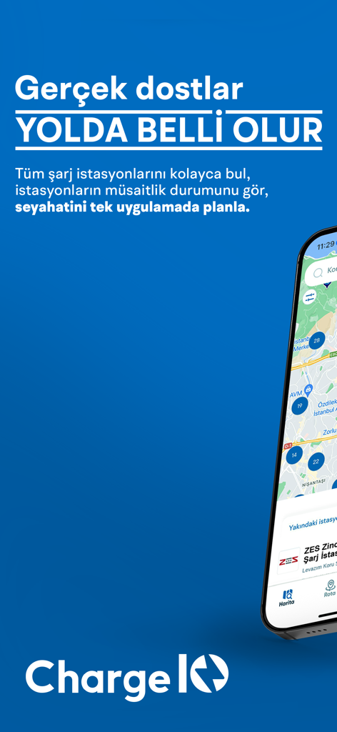 ChargeIQ-Tüm Şarj İstasyonları - ChargeIQ mobile App-Oberfläche, die eine Karte von E-Auto-Ladestationen mit Echtzeitverfügbarkeit anzeigt