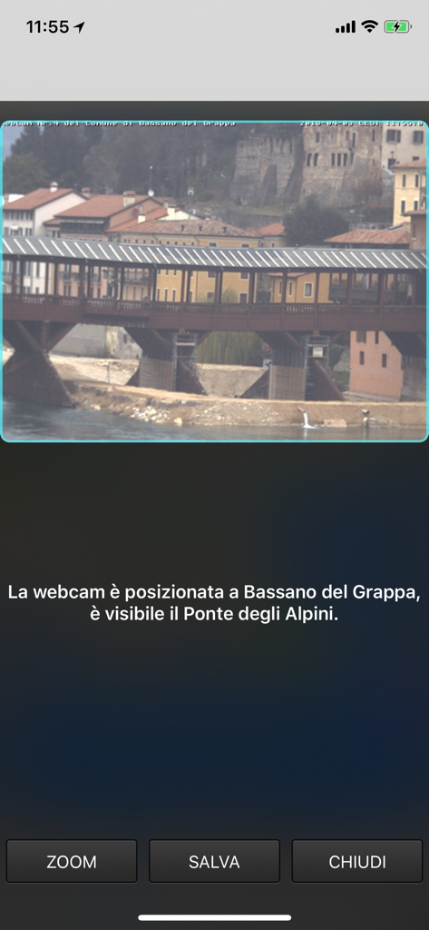 Live webcam view of the historical bridge in Bassano del Grappa from the Meteo Veneto app
