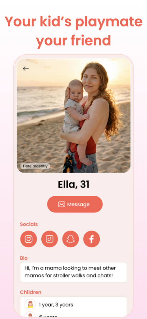 MamaMeet: Find Mom Friends - A user profile on the MamaMeet app featuring a mother named Ella with her baby, social media links, and a personal bio for meeting other moms.