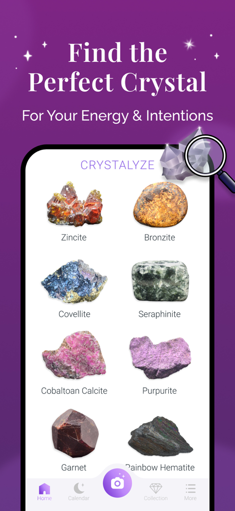 Crystalyze: Crystal ID Guide - Interface de l'application mobile Crystalyze montrant une collection de cristaux pour l'énergie et les intentions.