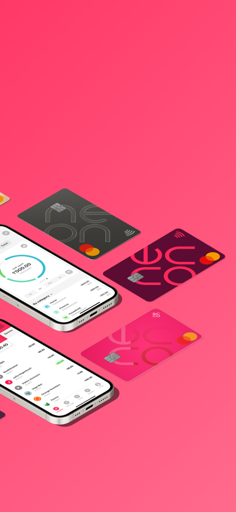 Dos iPhones mostrando la interfaz de la aplicación bancaria neon junto a varias Mastercards neon de colores sobre un fondo rosa vibrante