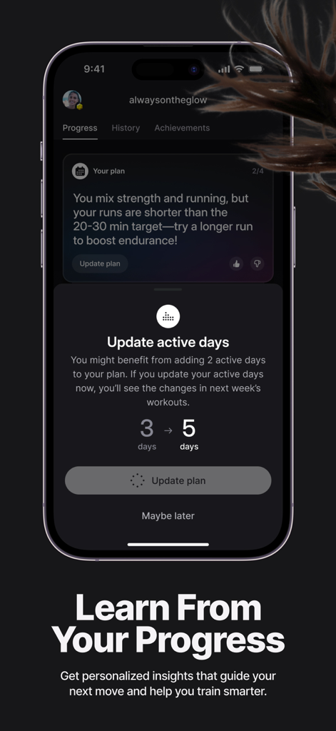 Peloton: Fitness & Workouts - Interfaz de la app Peloton mostrando estadísticas de progreso personalizadas y una solicitud de actualización de días activos