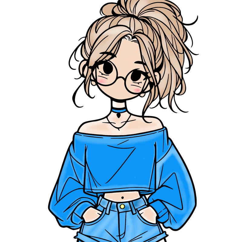 girl with a messy ponytail glasses a baggy crop top and jean shorts