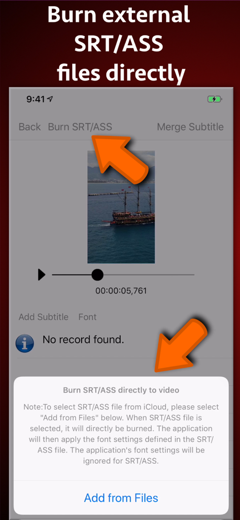 Video Subtitle Hardcoder - Mobile app interface showing the process of burning external SRT and ASS subtitle files directly into a video.