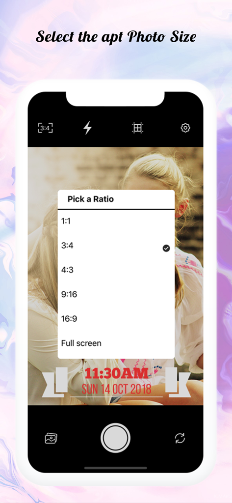 Moment Stamp app interface showing photo aspect ratio selection menu for timestamped pictures