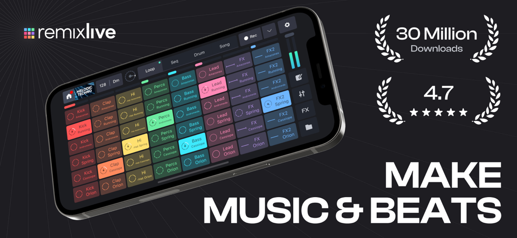 A smartphone displaying the Remixlive app grid interface for music production with a 30 million downloads achievement badge.