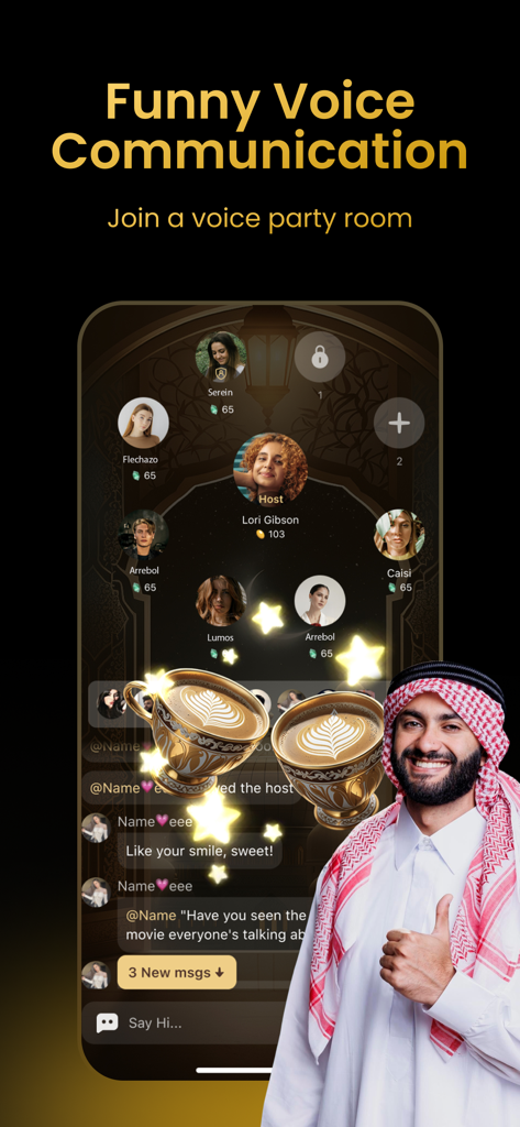 Interface of the Catchii app showing a voice party room with multiple user profiles and a chat window