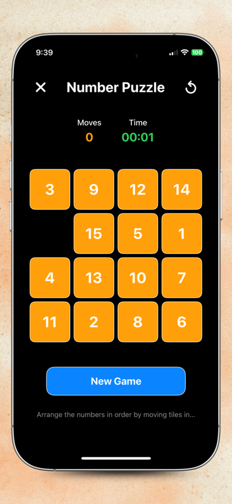Cheto 8 ball pool - Mobile screen showing a sliding number puzzle game with orange tiles on a dark background
