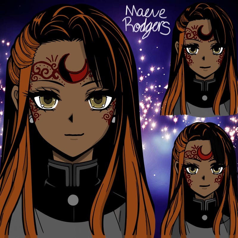 anime female, long hair with undercut, crescent moon tattoo on forehead