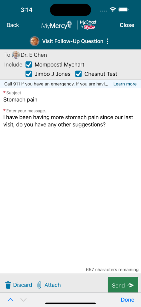 Secure messaging interface in the MyMercy app for communicating with a healthcare provider