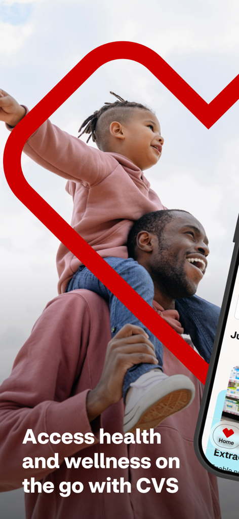 A happy father carrying his child on his shoulders with a red heart graphic and CVS health app text