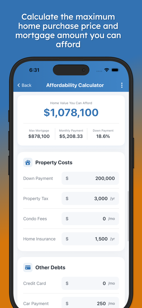 Mortgage Pal - Loan Calculator - Mortgage Pal app showing an affordability calculator with home value and monthly payment estimates