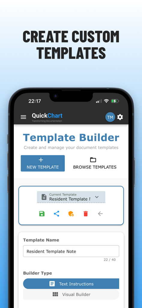 QuickChart: MD Scribe - Interface of the QuickChart MD Scribe app showing the template builder for medical documentation