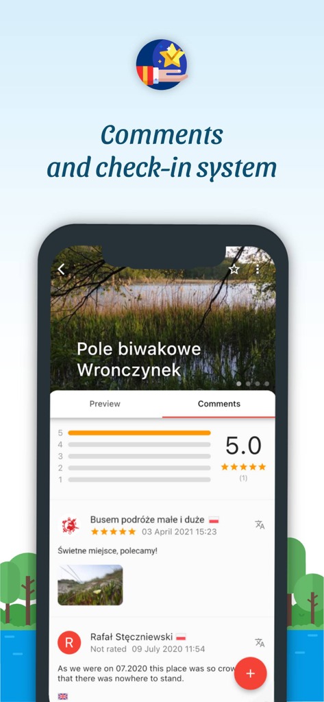 Camp Group - Interface do aplicativo Camp Group mostrando avaliações de campings e sistema de check-in com classificações e fotos de usuários