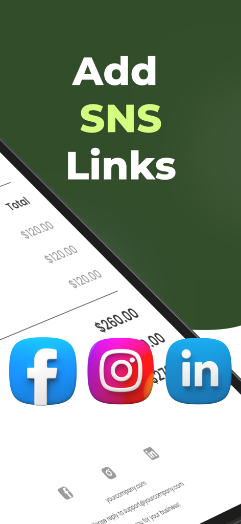 Hinzufügen von Social-Media-Links wie Facebook und Instagram zu digitalen Rechnungen in der Rechnungsersteller-App.