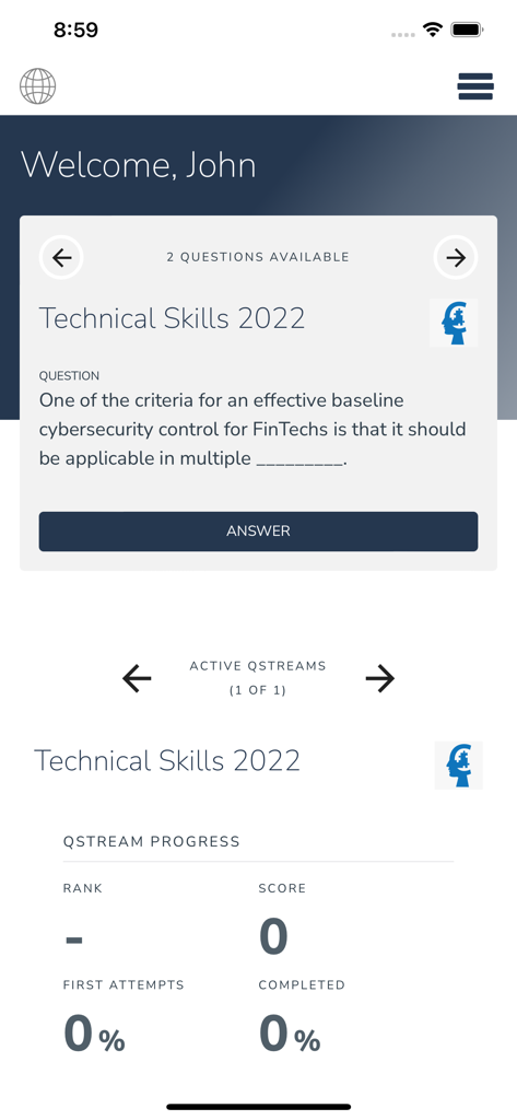 Qstream - Qstream mobile app screen displaying a technical skills quiz question and user progress metrics