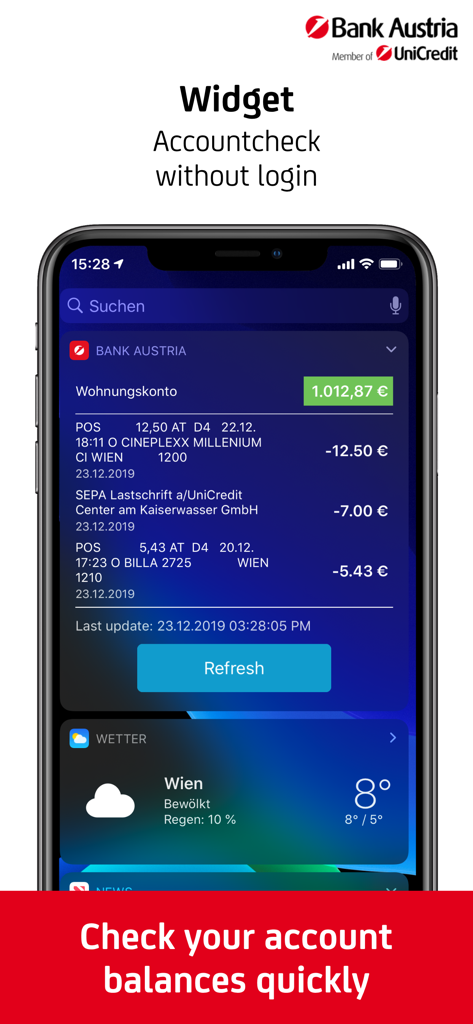 Bank Austria BusinessNet - Bank Austria BusinessNet iOS widget showing account balance and recent transactions for a quick financial overview.