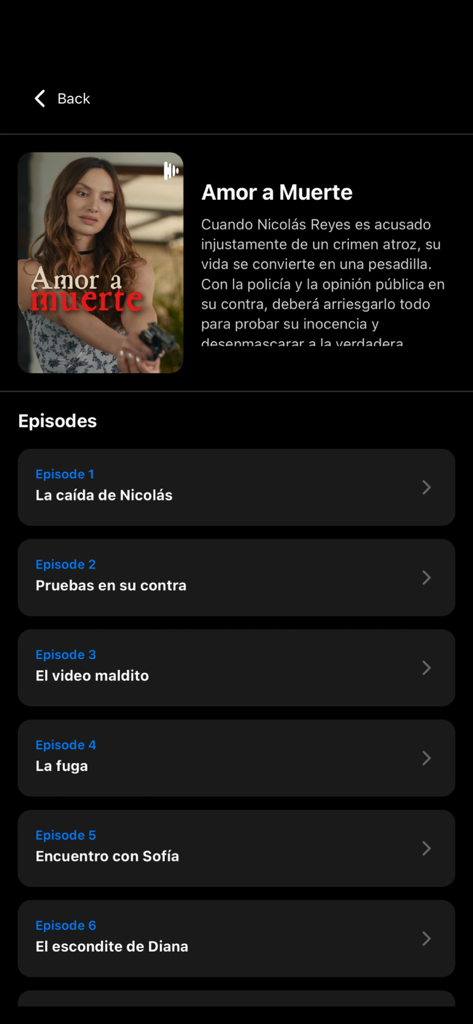 idilio tv - Episode list for the Spanish short drama series Amor a Muerte on the Idilio TV app.