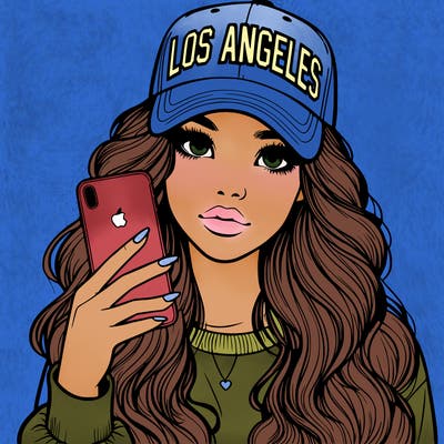 realistic beautiful girl wearing los ángeles cap holding an iphone