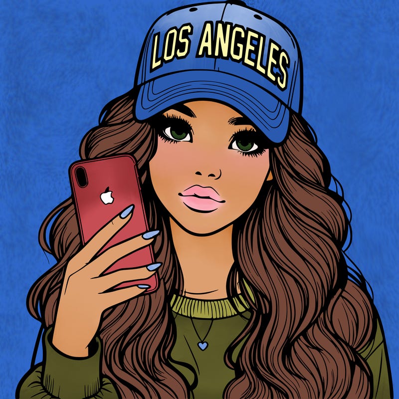 realistic beautiful girl wearing los ángeles cap holding an iphone