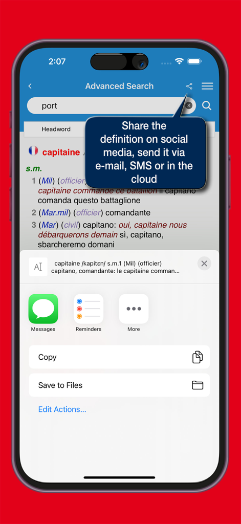 il Sansoni Francese - The il Sansoni Francese app interface displaying the sharing options for a dictionary definition.