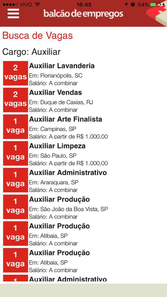 Balcão de Empregos - Uma lista de vagas de emprego para posições de assistente no aplicativo móvel Balcao de Empregos