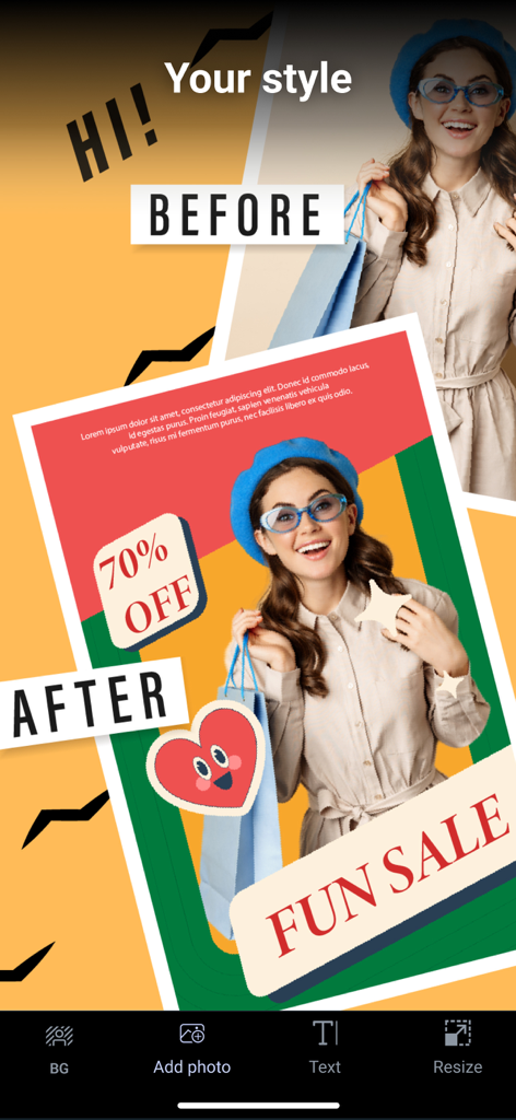 Remove background - snap edit - Before and after comparison of a shopping photo edited into a fun sale advertisement with stickers and text