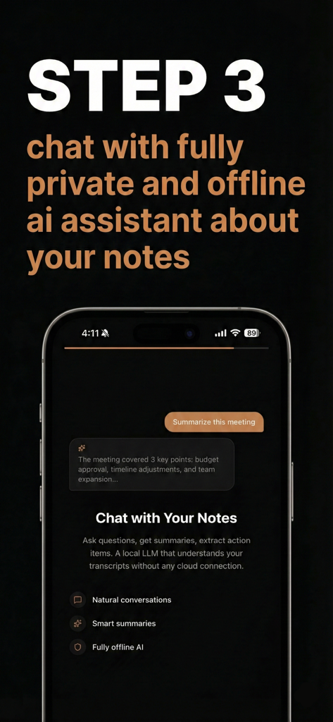 Viska: Local AI Meeting Notes - Interface of Viska app showing a private offline AI assistant summarizing meeting notes.