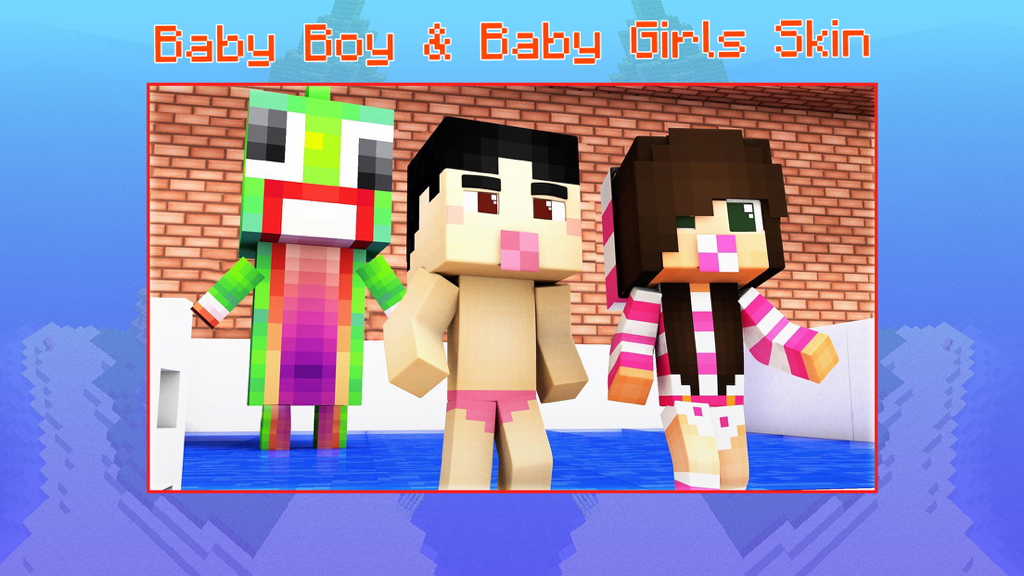 Baby Skins for Minecraft PE - Boy & Girl Skinseed - Three Minecraft characters in baby skins including a colorful rainbow character and two toddlers with pacifiers