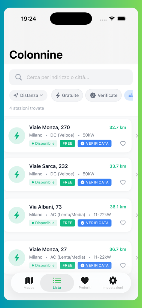 Free Charging Stations - Bildschirm der mobilen App, der eine Liste kostenloser, verifizierter E-Ladestationen in Mailand, Italien, anzeigt