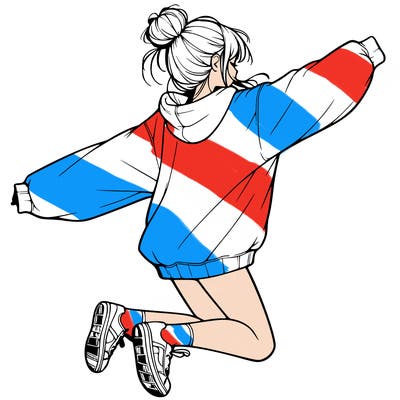 realistic girl jumping with a bun and oversized sweatshirt