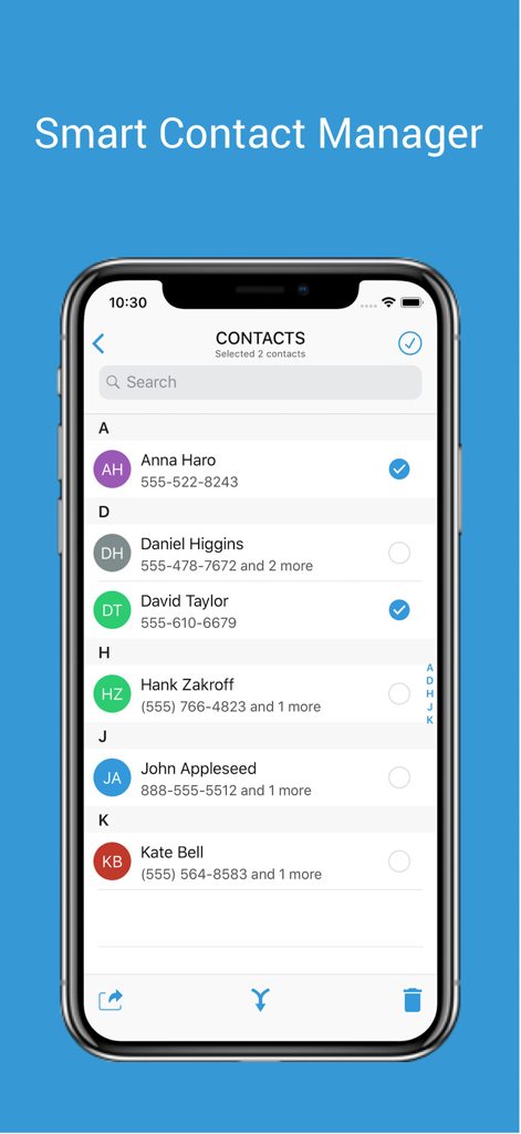 1Contact Pro: Clean & Backup - 1Contact Pro app interface showing a list of contacts with options to select, merge, and manage address book entries.
