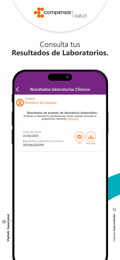 Compensar Salud - Interface mobile de l'application Compensar Salud montrant les options pour consulter et télécharger les résultats de laboratoire clinique.
