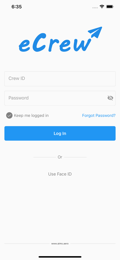 eCrew - Login screen for the eCrew mobile application showing input fields for Crew ID and password