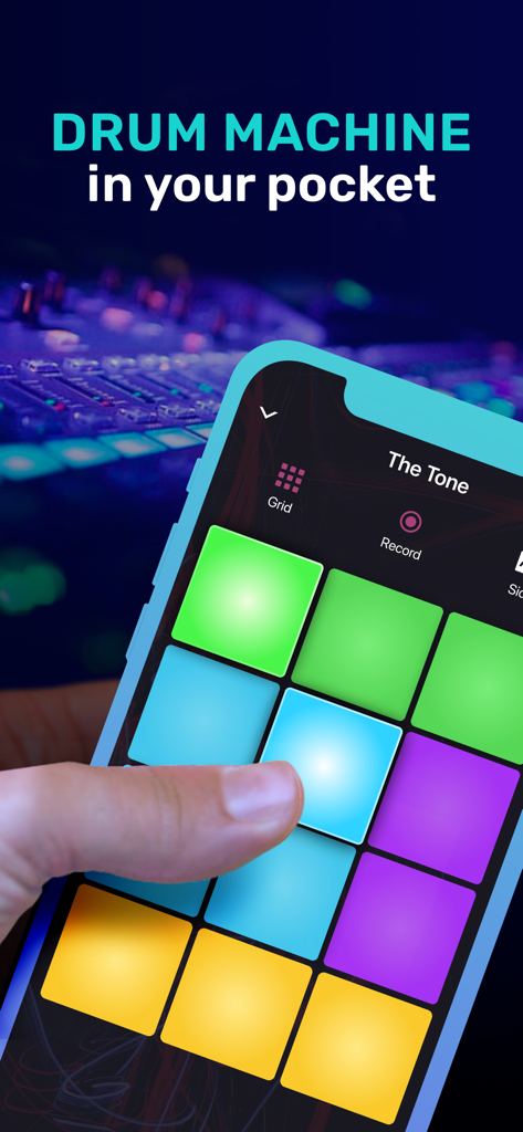 Drum Pad ONE: Dj music maker - A hand tapping on a grid of colorful music pads on a mobile phone