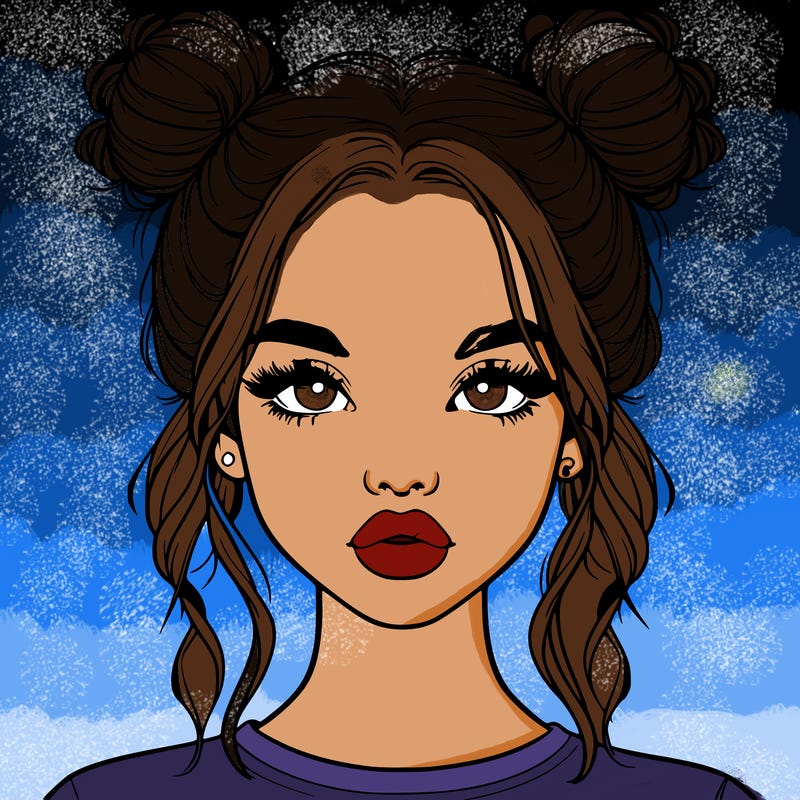 realistic girl with two buns in hair and lips